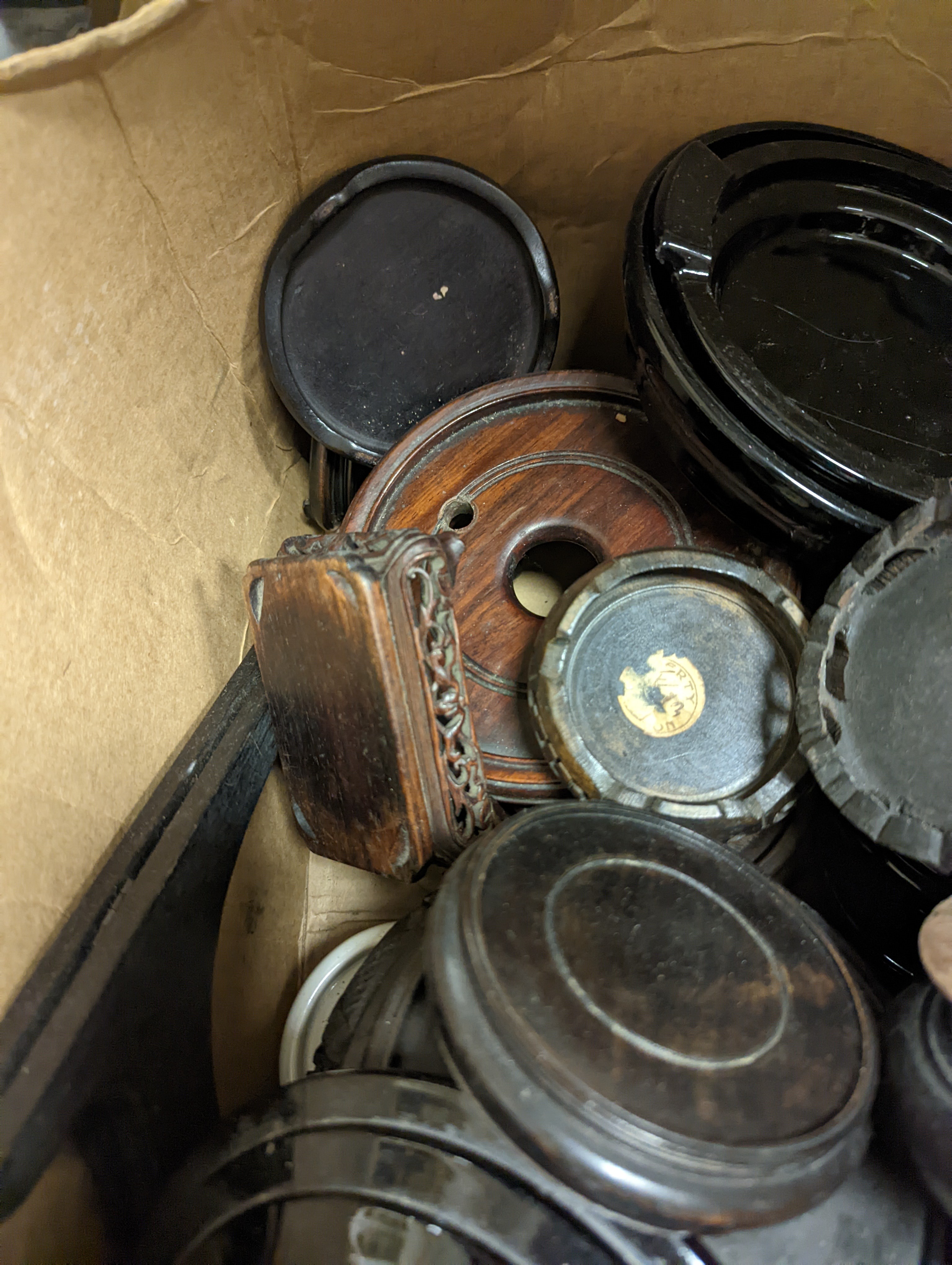 Three boxes of hardwood, glass and ceramic stands.